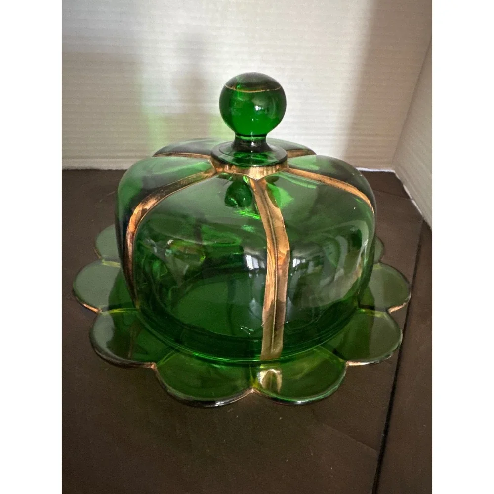 VTG Riverside Glass Works Emerald Green Gold Gilt Scalloped Domed Butter Dish
